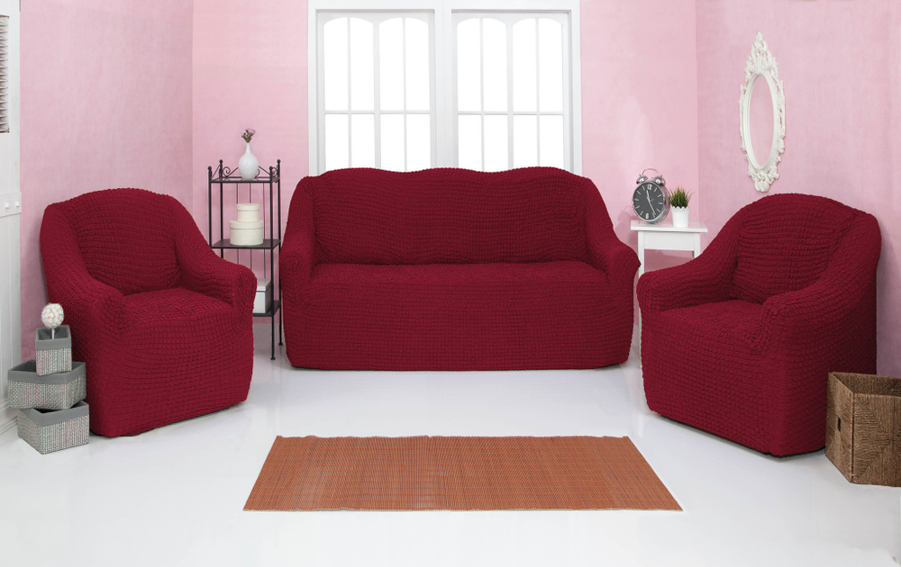 Комплект чехлов на диван и 2 кресла без оборки, цвет Бордовый