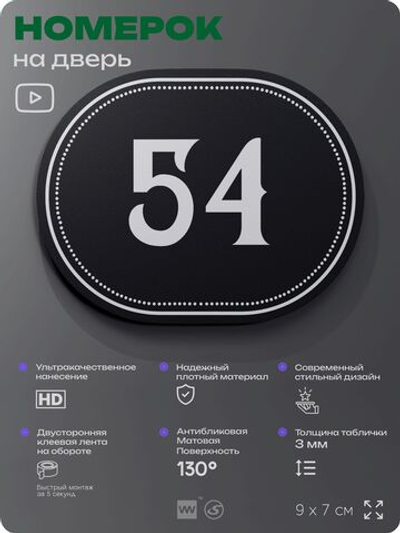 Номерок на дверь квартиры 54, для кабинета, офиса, шильдик 9 х 7 см, черный, Айдентика Технолоджи