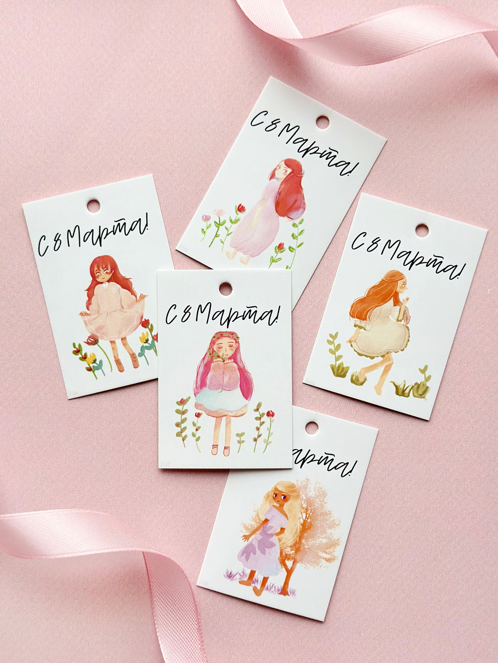 Бирка "С 8 марта. Девочка" набор 10 шт (5 видов) 4х6 см