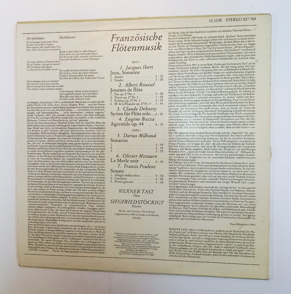 Винтажная виниловая пластинка LP Jacques Ibert Albert Roussel Claude Debussy Дебюсси Eugene Bozza Darius Milhaud Olivier Messiaen Francis Poulenc Werner Tast, Siegfried Stockigt Franzosische Flotenmusik (GRD 1984)
