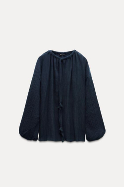 ZARA ТОП ИЗ РЕЛЬЕФНОЙ ТКАНИ С ЗАВЯЗКАМИ, ЗЕЛЕНОВАТО-СИНИЙ