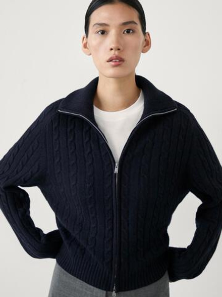 Massimo Dutti Кардиган из смесовой шерсти с узором «косы», темно-синий