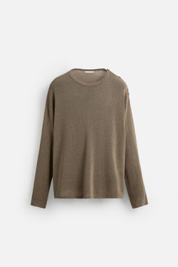 ZARA ТРИКОТАЖНАЯ ФУТБОЛКА С ПУГОВИЦАМИ, ТЕМНО-БЕЖЕВЫЙ