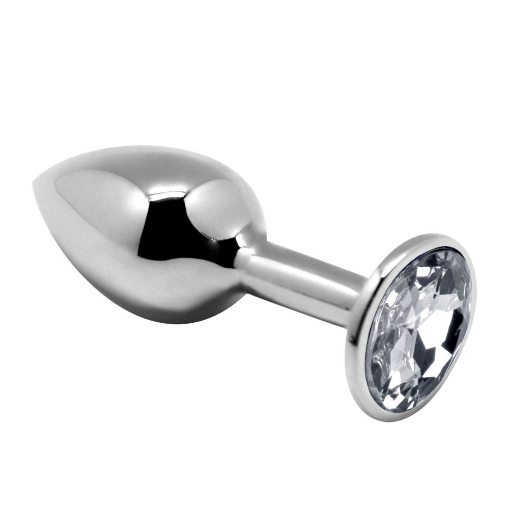 Серебристая анальная втулка с прозрачным кристаллом Mini Metal Butt Plug Size M - 8 см. (Цвет: серебристый)
