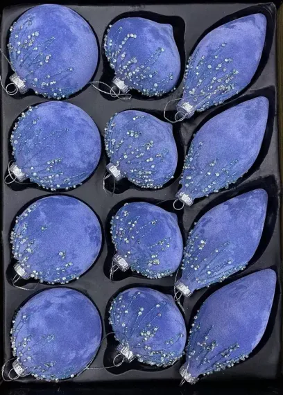 Набор стеклянных украшений Шпинель 80 мм., 12 шт., синий бархат со стразами, Christmas DeLuxe (87221)