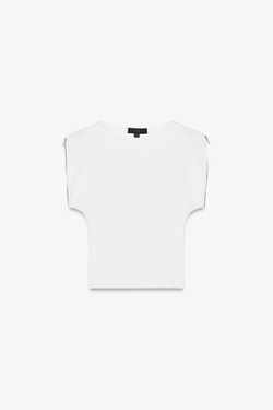 ZARA ТРИКОТАЖНЫЙ ТОП С РУКАВАМИ НА МОЛНИИ, БЕЛЫЙ