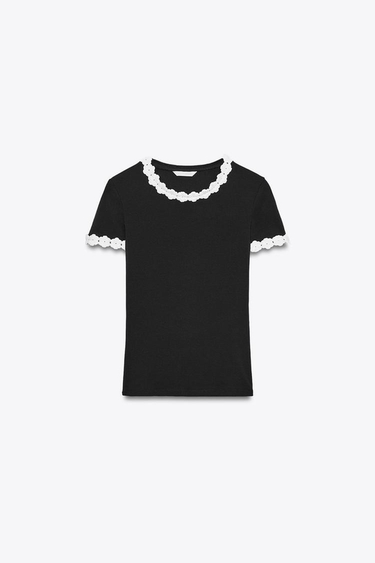 ZARA ФУТБОЛКА С ОТДЕЛКОЙ В ВИДЕ ЦВЕТКА, ЧЕРНЫЙ