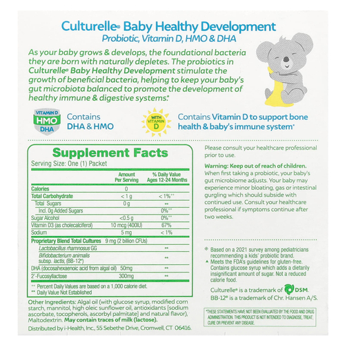 Culturelle, Пробиотики, для детей, здоровое развитие, пробиотик, витамин D, HMO и ДГК, для детей от 12 до 24 месяцев, без добавок, 30 пакетиков для приема один раз в день