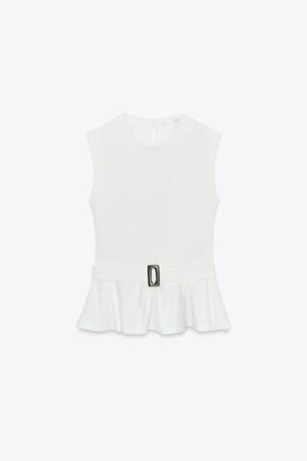 ZARA ТОП ИЗ ТКАНИ БУКЛЕ С БАСКОЙ И ПРЯЖКОЙ, ЖЕЛТОВАТО-БЕЛЫЙ