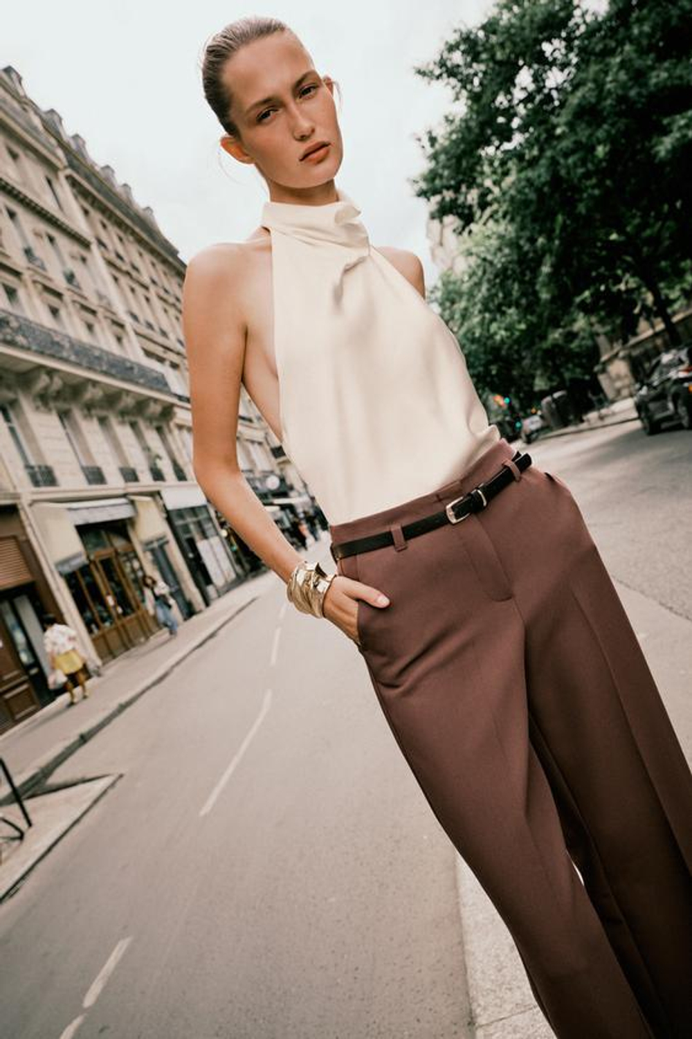 ZARA БРЮКИ С ОТВОРОТАМИ И РЕМНЕМ, КОРИЧНЕВЫЙ