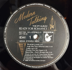 Винтажная виниловая пластинка LP Modern Talking Ready For Romance (The 3rd Album) (Germany 1986) Brother Louie