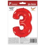 Шар (40"/102 см) Цифра, 3, Красный, в упаковке