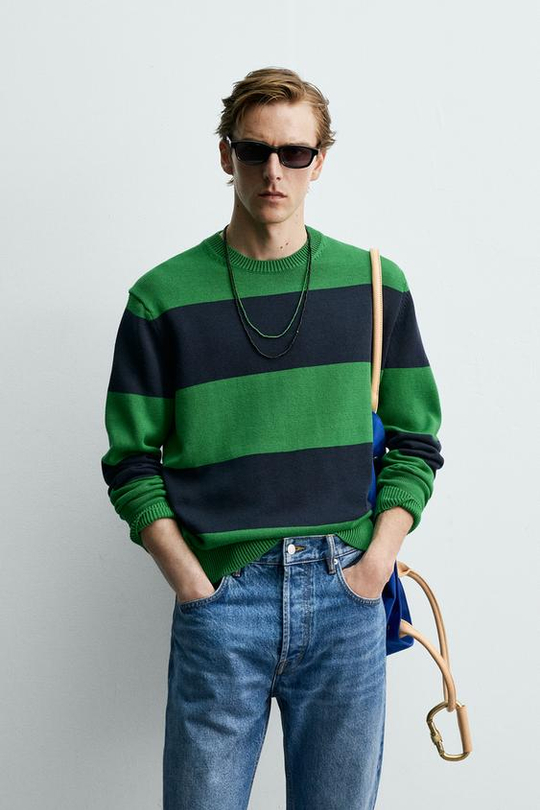ZARA Х AARON LEVINE ЖАККАРДОВЫЙ СВИТЕР В ПОЛОСКУ, ЯРКО-СИНИЙ