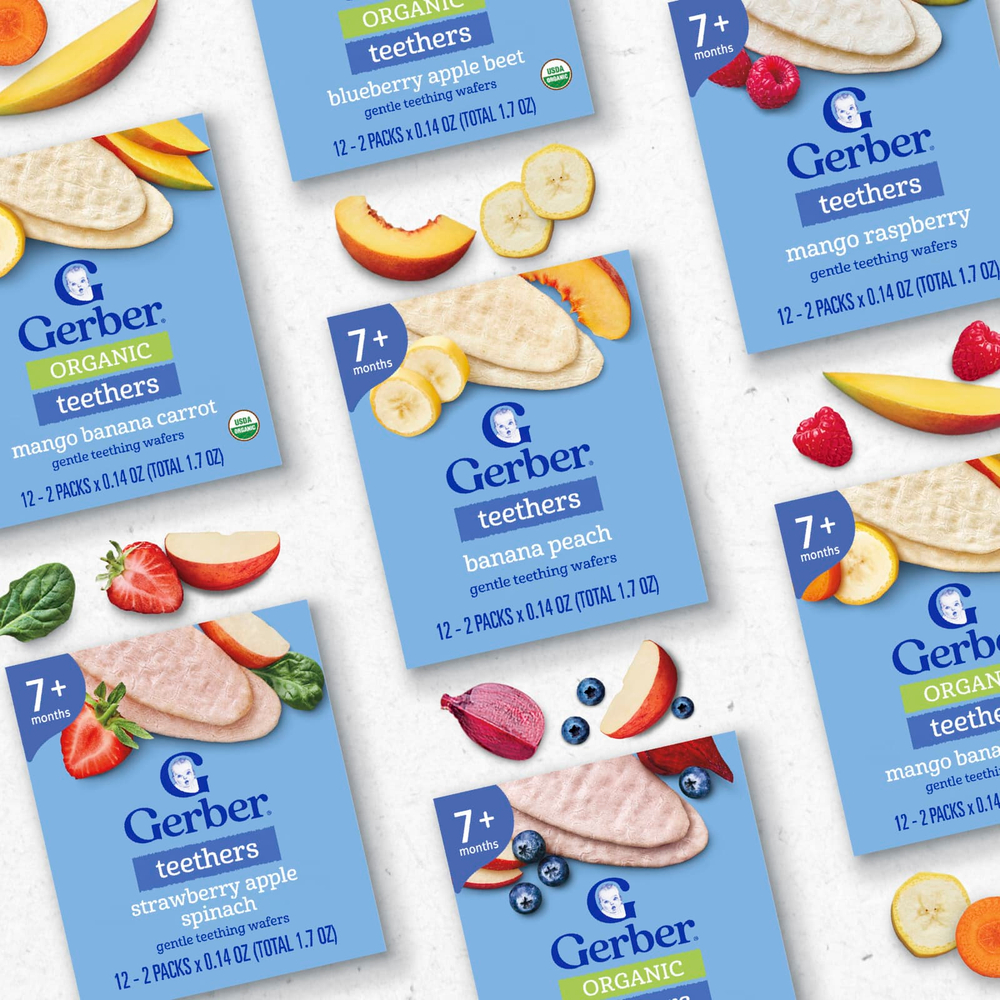 Gerber, вафли для прорезывания зубов, для детей от 7 месяцев, банан и персик, 12 пакетиков по 4 г (0,14 унции), по 2 вафли в пакетике