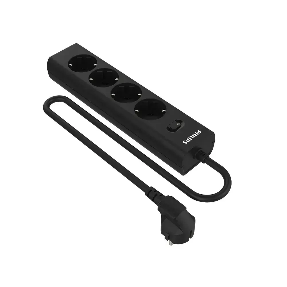 Сетевой фильтр удлинитель Philips CHP2145BB/51 с четырьмя стандартными розетками EU, с заземлением и защитой от перегрузок, 3 м, черный