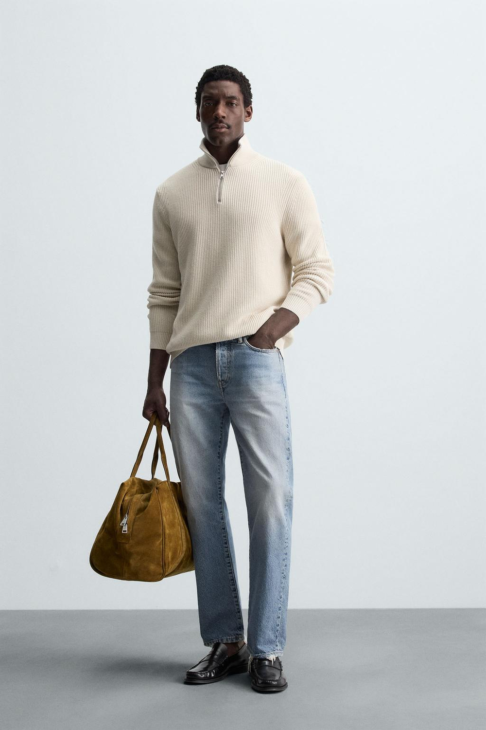 ZARA ДЖЕМПЕР ИЗ ЖЕМЧУЖНОГО ТРИКОТАЖА С МОЛНИЕЙ, ЭКРЮ