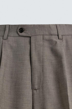 ZARA БРЮКИ КОСТЮМНЫЕ В КЛЕТКУ СО СКЛАДКАМИ, БЕЖЕВЫЙ