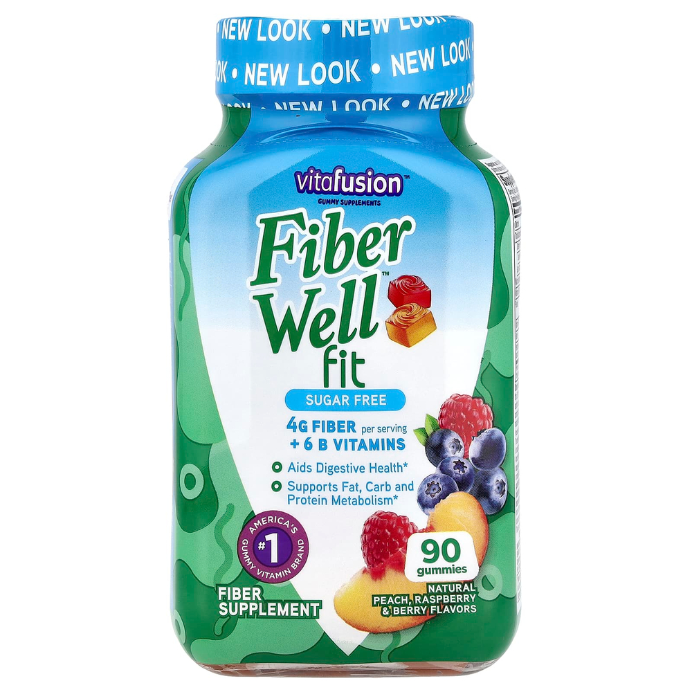 VitaFusion, FiberWell Fit, витамины, без сахара, вкус натурального персика, малины и ягод, 90 жевательных таблеток