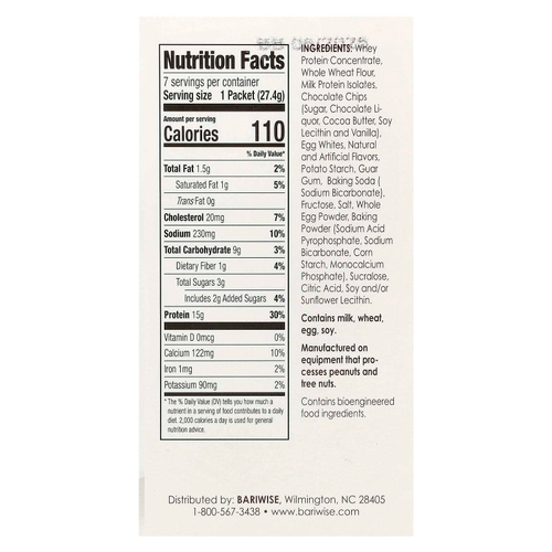 BariWise, протеиновая смесь для приготовления блинов и вафель, с шоколадной крошкой, 7 пакетиков по 23 г