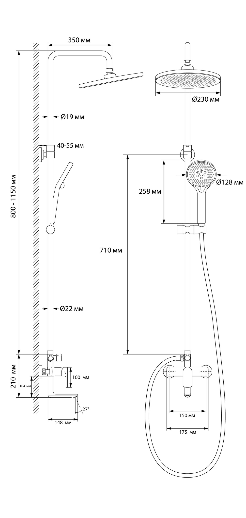 Душевая стойка с тропическим душем Culto NOKS черная SS01NSB