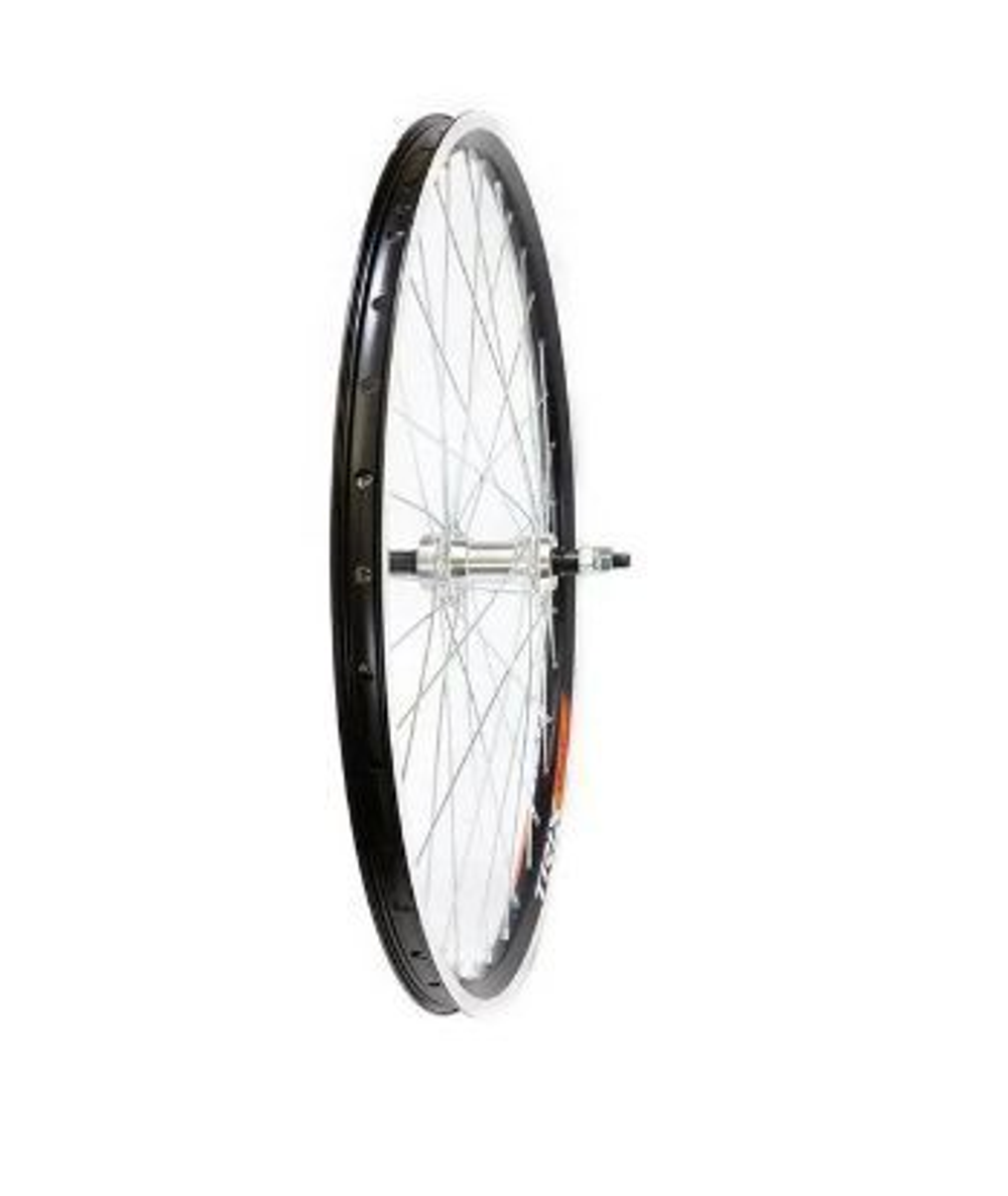 Колесо заднее 27,5" TRIX алюминиевый, двойной, 36H, фрезерованный, 584х19,4/25х21,4мм, A/V, анодированный, черный, втулка алюминиевая, V-br, под трещотку, гайки, серебристая, спица серебрсистая