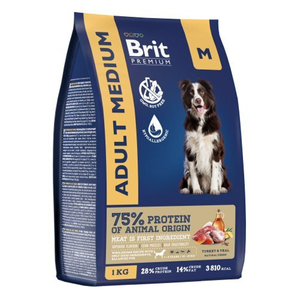 Корм для собак сухой BRIT PREMIUM с индейкой и телятиной для собак "Dog Adult Medium",1 кг