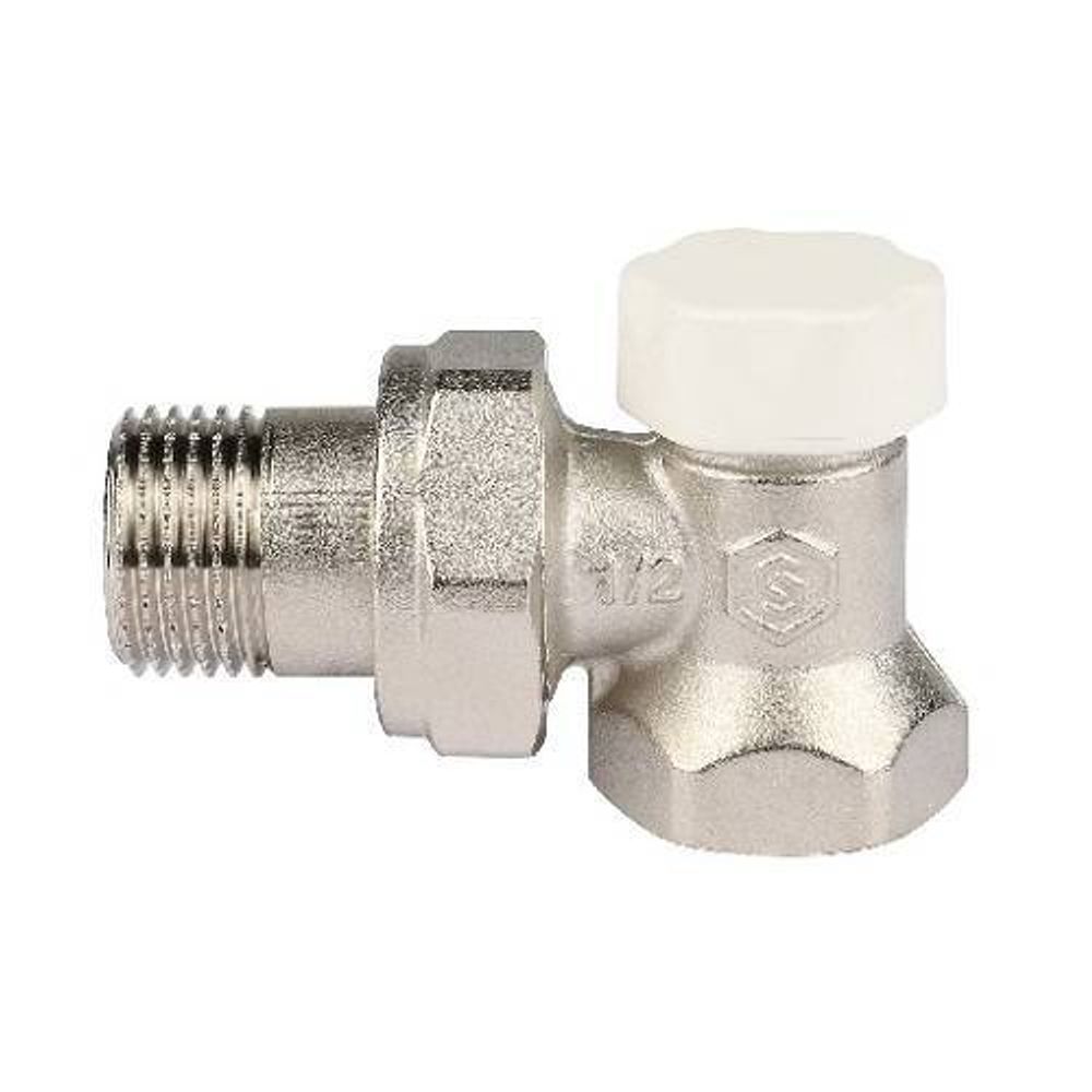 Клапан запорный балансировочный угловой STOUT - 1/2&quot; (ВР/НР, PN10, Tmax 120°С, пластиковый колпачок)