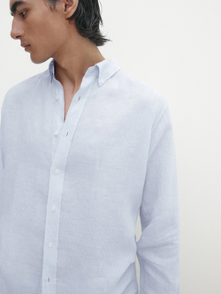 Massimo Dutti Рубашка облегающего кроя изо льна в полоску, небесно-голубой