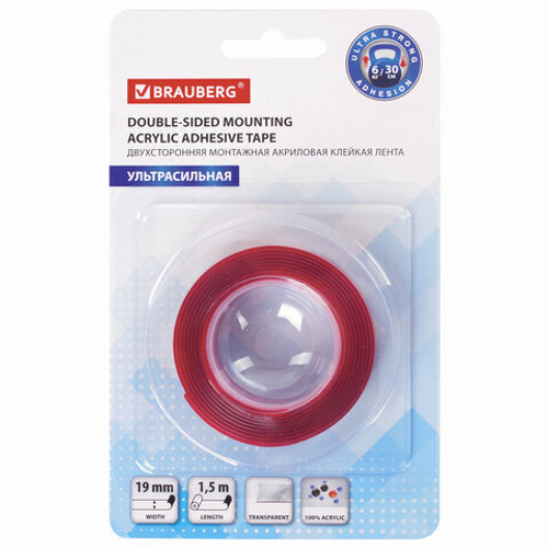 Монтажная прозрачная акриловая суперпрочная двухсторонняя лента, 19мм х 1,5м, 1мм, BRAUBERG