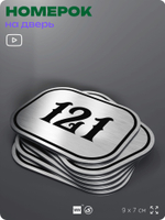 Номерок на дверь квартиры 121, для кабинета, офиса, шильдик 9 х 7 см, серебристый, Айдентика Технолоджи