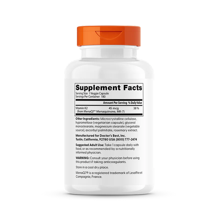 Натуральный витамин K2 MK-7 с MenaQ7 45 мкг, Natural Vitamin K2 MK-7 with MenaQ7 45 mg, Doctor&#39;s best, 180 вегетарианских капсул 2