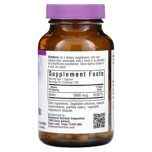 Bluebonnet Nutrition, Биотин, 5000 мкг, 120 растительных капсул