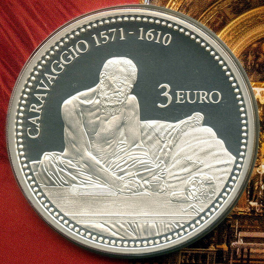 3 евро 2022 год. Мальта. 450 лет Караваджо - Пишущий Святой Иероним. Медно-никель с серебряной плакировкой в коинкарте. Тираж 9999 шт.