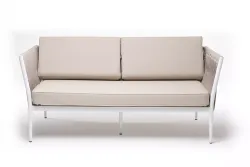 "Касабланка" диван 2-местный плетеный из роупа, каркас алюминий белый муар, роуп бежевый 20мм, ткань бежевая 035