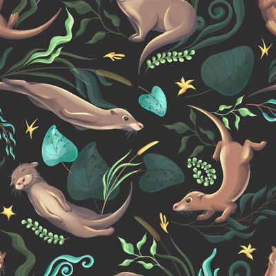 Речные выдры на черном