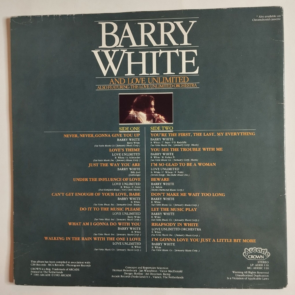 Винтажная виниловая пластинка LP Barry White And Love Unlimited Love Songs (Holland 1983)