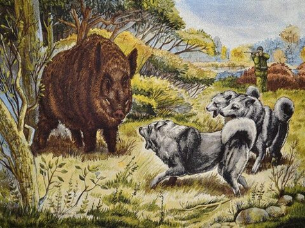 Гобеленовая картина "D. ОХОТА НА КАБАНА" в багетной раме, Россия.