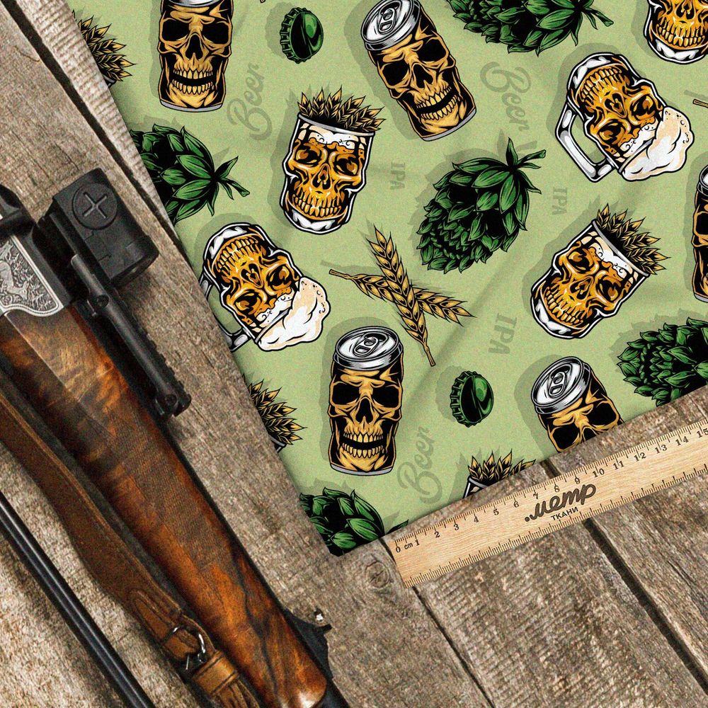 Ткань лён съедобные черепа на зелёном фоне