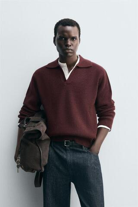 ZARA ПОЛО ИЗ ДВУХИЗНАНОЧНОГО ТРИКОТАЖА, БУРГУНДИ