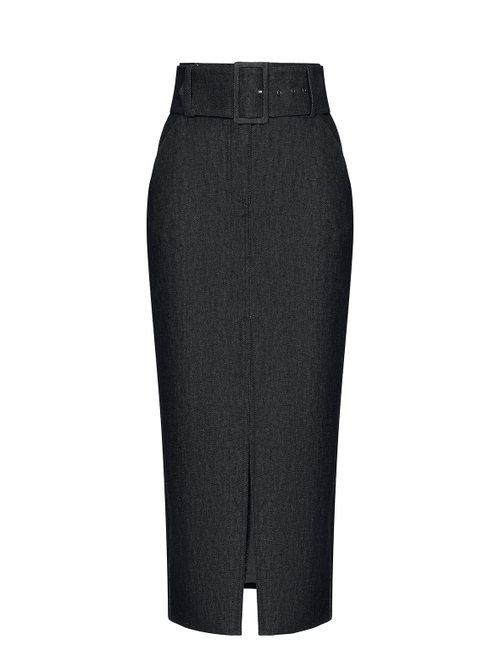 Юбка миди из денима с разрезом, отстрочками и ремнем