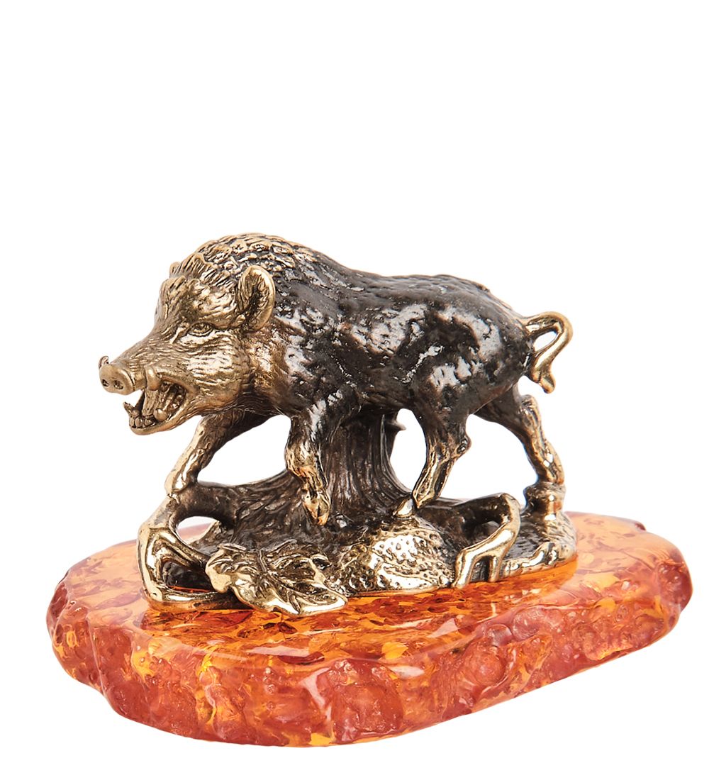 Народные промыслы AM- 997 Фигурка «Кабан секач» (латунь, янтарь)