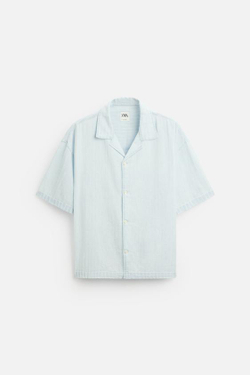 ZARA РУБАШКА ИЗ РЕЛЬЕФНОЙ ТКАНИ С ЭФФЕКТОМ ПОТЕРТОСТИ, НЕБЕСНО-ГОЛУБОЙ