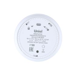 USN-A502 TS-WF WHITE Умный датчик температуры и влажности Wi-Fi. с экраном. на батарейках AAAx2 н-к адаптер 5V н-к. Звуковое+PUSH оповещение. Накладной. Белый. Приложение UnielSmart. TM Uniel