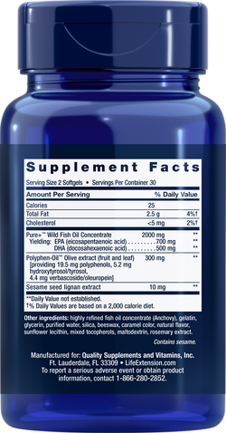Super Omega-3 EPA/DHA Fish Oil, Sesame Lignans & Olive Extract Softgels капсулы Life Extension