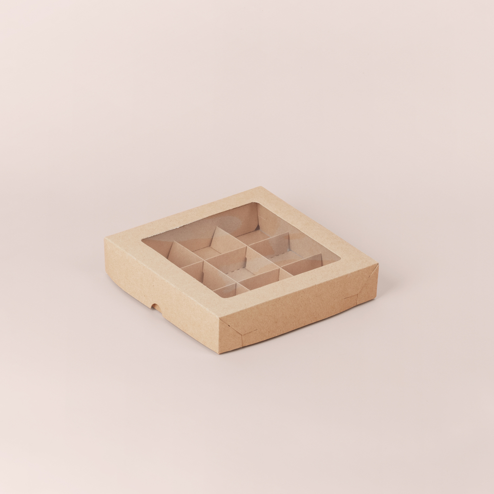 Коробка для 9 конфет с окном (крафт)