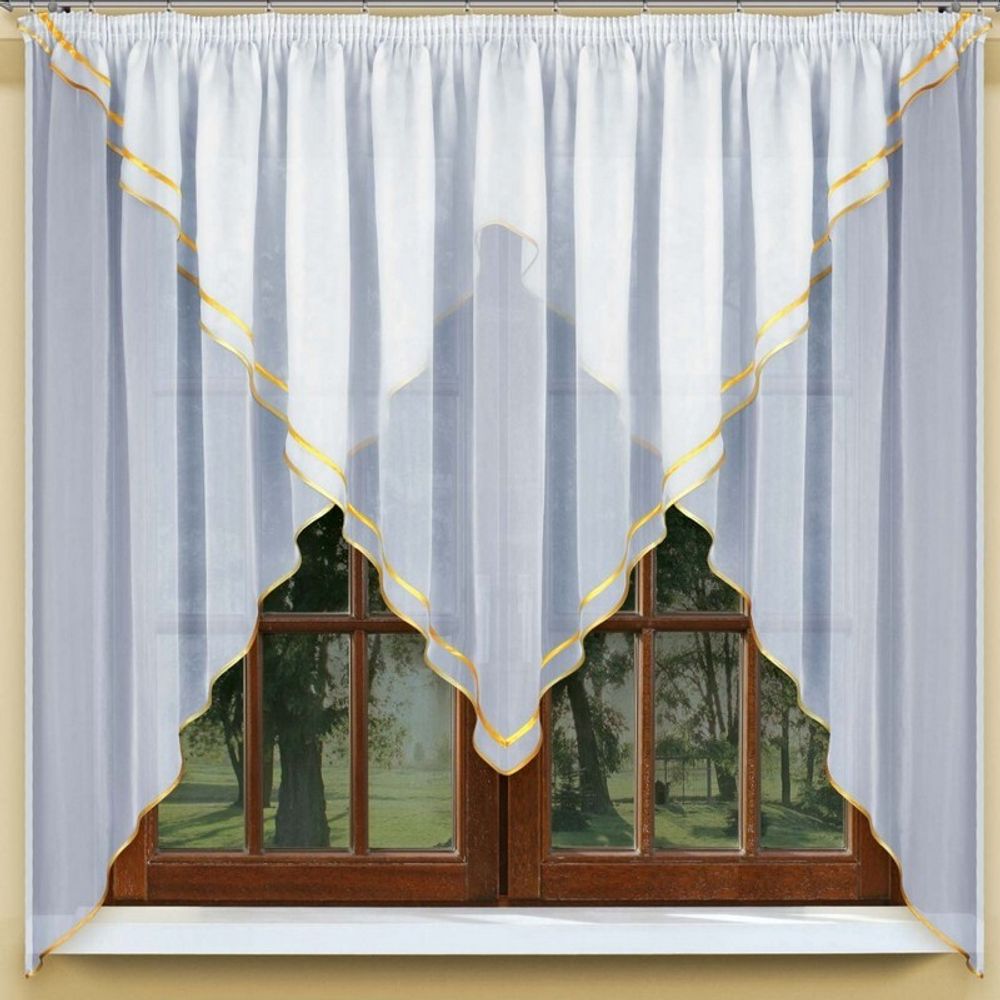 Занавеска из вуали &quot;Ф. БЕРТА&quot; на шторной ленте, цвет белый с жёлтой бейкой, Польша.