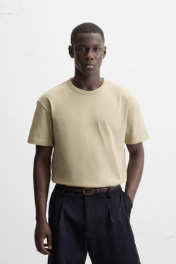 ZARA БАЗОВАЯ ФУТБОЛКА HEAVYWEIGHT С ОТДЕЛКОЙ РУБЧИКОМ, БЕЖЕВЫЙ