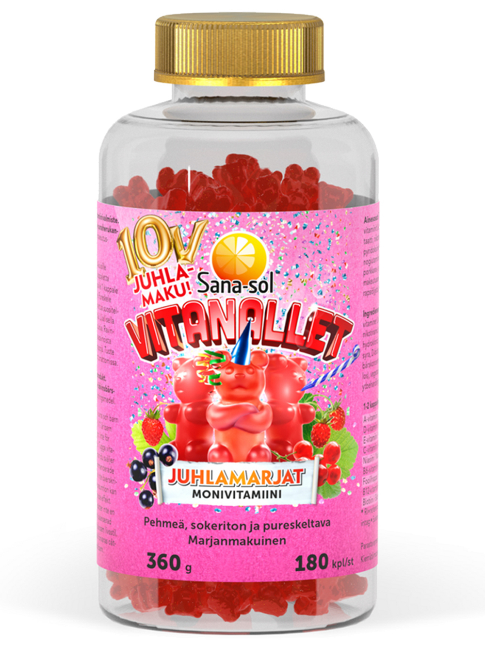 Детская пищевая добавка Sana-sol Vitanallet Juhlamerjat 180 шт., мультивитамины, жевательные витаминные мишки с девятью важными витаминами