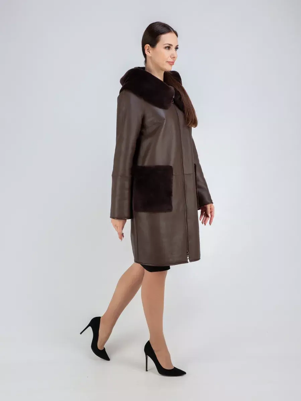 Дубленка натуральная с капюшоном длинная Турция