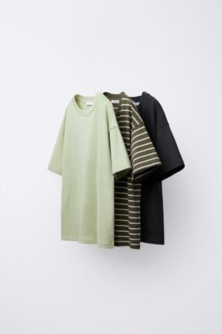 ZARA НАБОР ИЗ ТРЕХ ФУТБОЛОК В ПОЛОСКУ И ОДНОТОННЫХ, ЛАЙМОВЫЙ